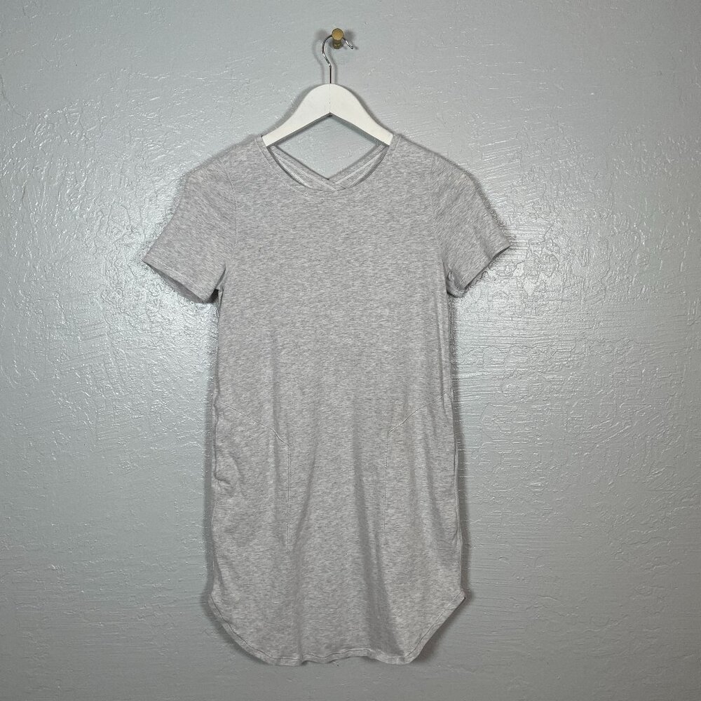 Ivivva Girls 14 Heather Gray Tunic Dress Shirt Short Sleeve Pockets Back Cutout